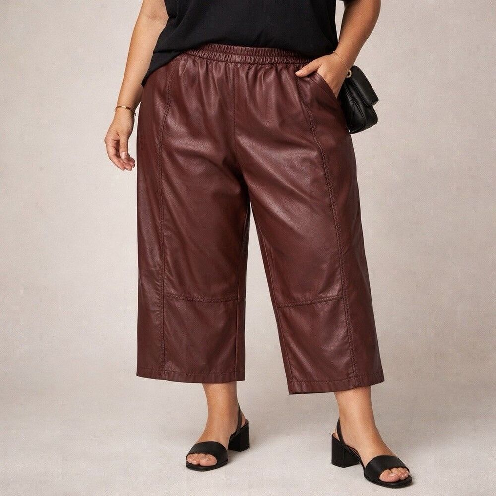 Anthropologie Pilcro Plus 3X Plum Faux Leather Barrel Crop Pants NWT